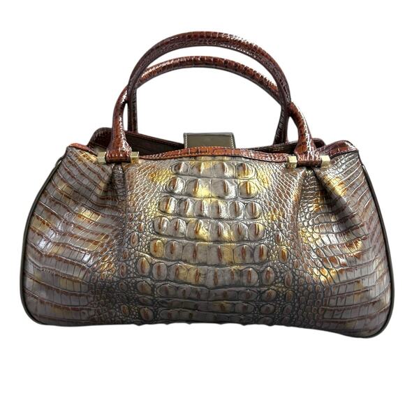 Brahmin Pecan Crocodile Embossed Leather Dual Handle Shoulder Bag Dr Satchel Vtg - Picture 2 of 9
